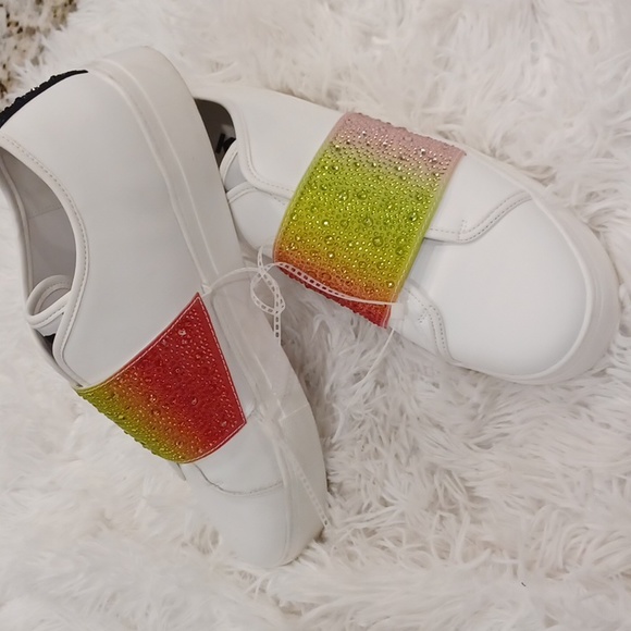 KARL LAGERFELD PARIS REMMY WHITE LEATHER SNEAKERS WITH CRYSTAL EMBELLISHED SZ 11 - Picture 11 of 16